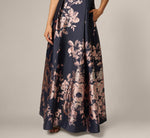 Petite Off Shoulder Metallic Floral Jacquard Gown In Navy Blush 4