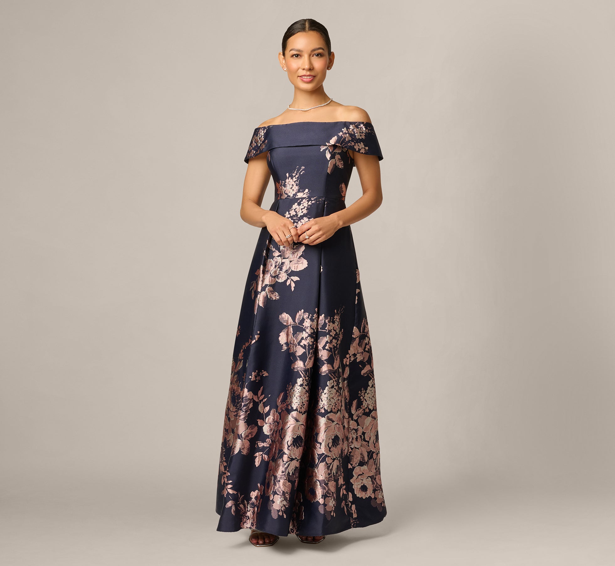 Petite Off Shoulder Metallic Floral Jacquard Gown In Navy Blush 1