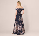 Off Shoulder Metallic Floral Jacquard Gown In Navy Blush 6