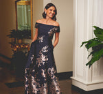 Off Shoulder Metallic Floral Jacquard Gown In Navy Blush 1