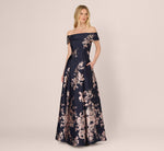 Off Shoulder Metallic Floral Jacquard Gown In Navy Blush 3