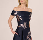 Off Shoulder Metallic Floral Jacquard Gown In Navy Blush 4