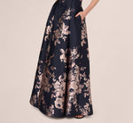 Off Shoulder Metallic Floral Jacquard Gown In Navy Blush 5