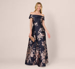Off Shoulder Metallic Floral Jacquard Gown In Navy Blush 2