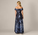 Petite Off Shoulder Metallic Floral Jacquard Gown In Navy Blue Multi 5