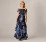 Petite Off Shoulder Metallic Floral Jacquard Gown In Navy Blue Multi 2