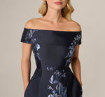 Petite Off Shoulder Metallic Floral Jacquard Gown In Navy Blue Multi 3