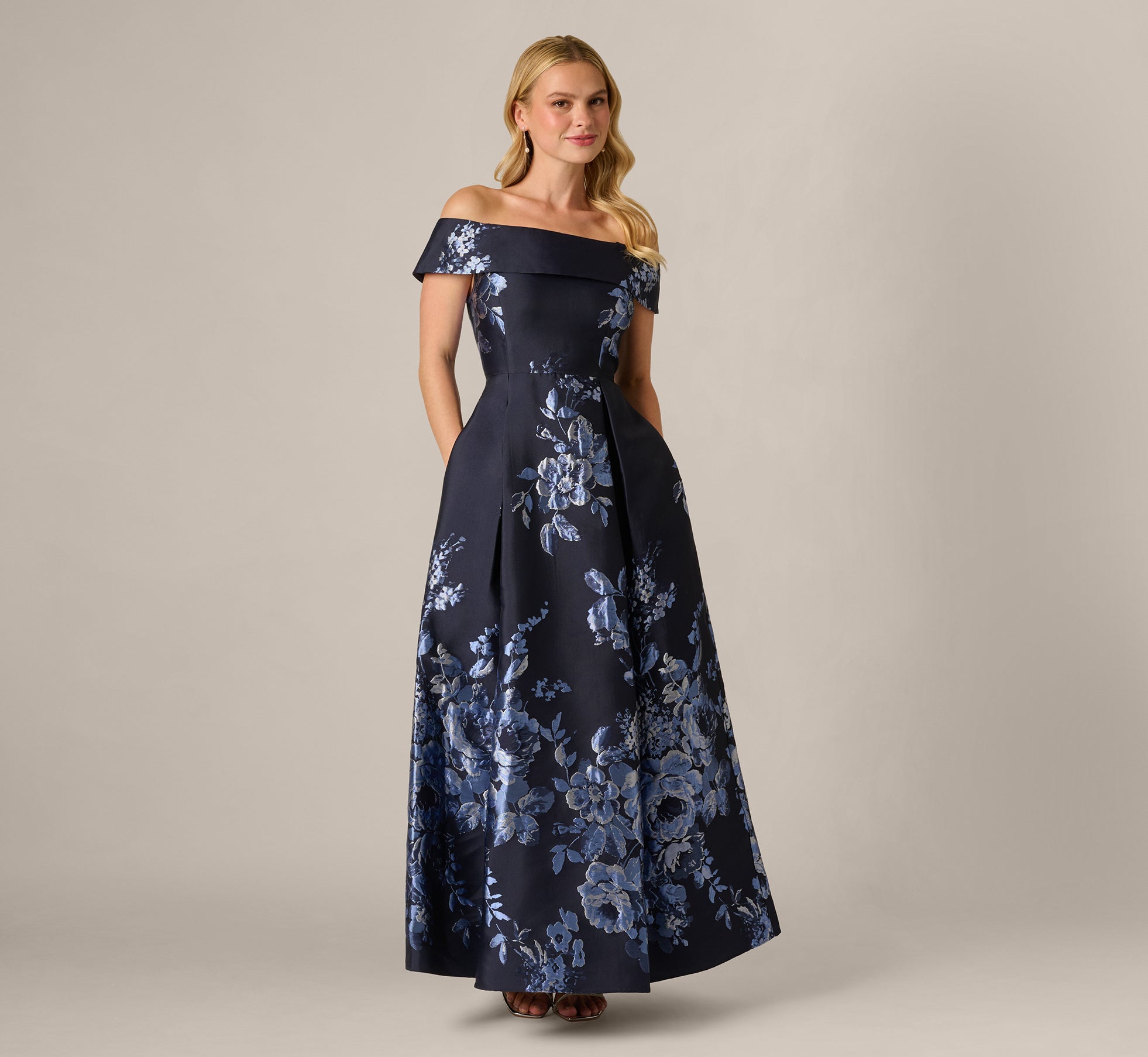 Petite Off Shoulder Metallic Floral Jacquard Gown In Navy Blue Multi 1