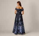 Off Shoulder Metallic Floral Jacquard Gown In Navy Blue Multi 5