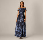Off Shoulder Metallic Floral Jacquard Gown In Navy Blue Multi 2