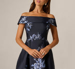 Off Shoulder Metallic Floral Jacquard Gown In Navy Blue Multi 3