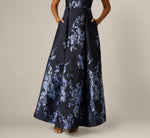 Off Shoulder Metallic Floral Jacquard Gown In Navy Blue Multi 4