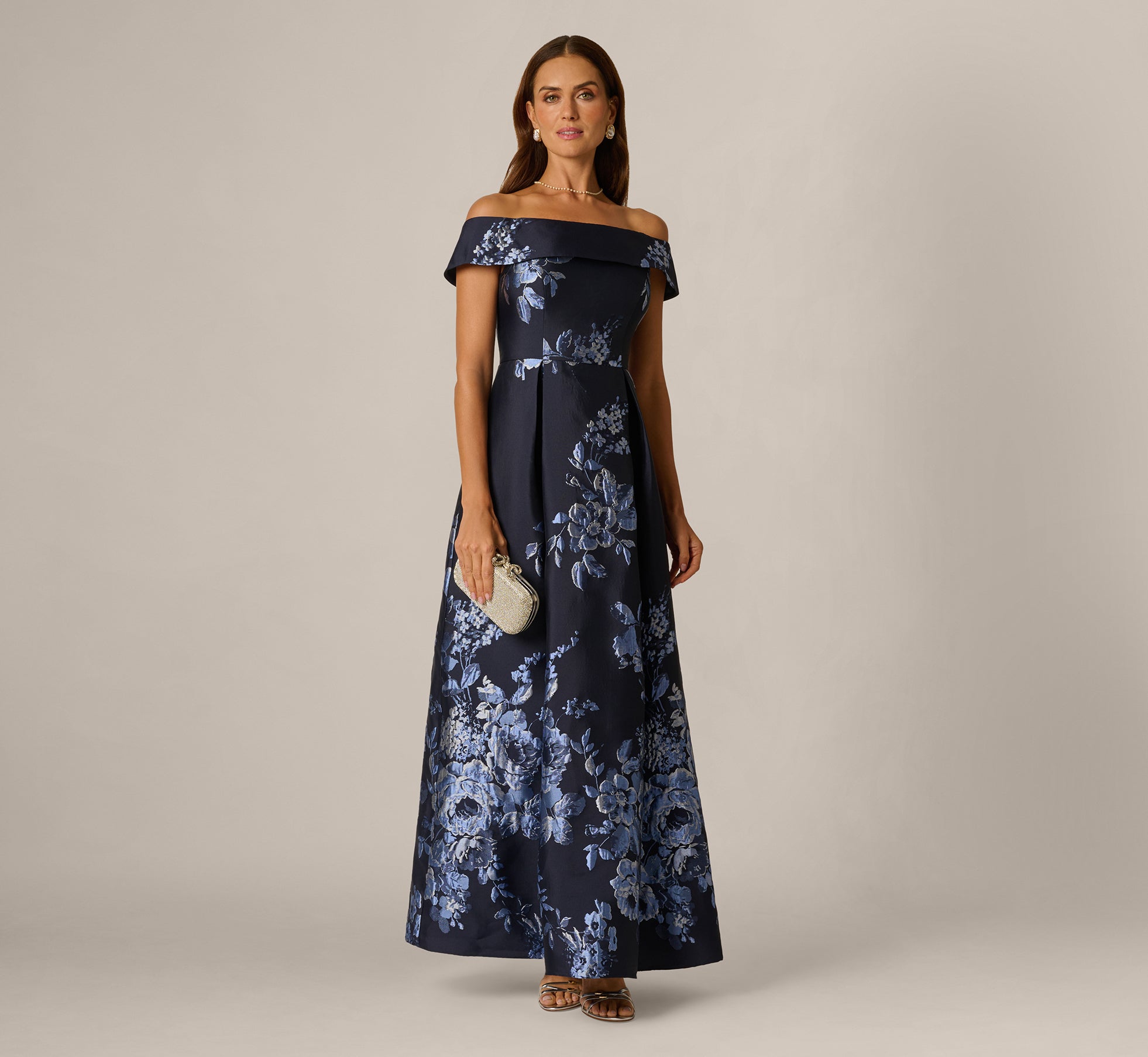Off Shoulder Metallic Floral Jacquard Gown In Navy Blue Multi 1