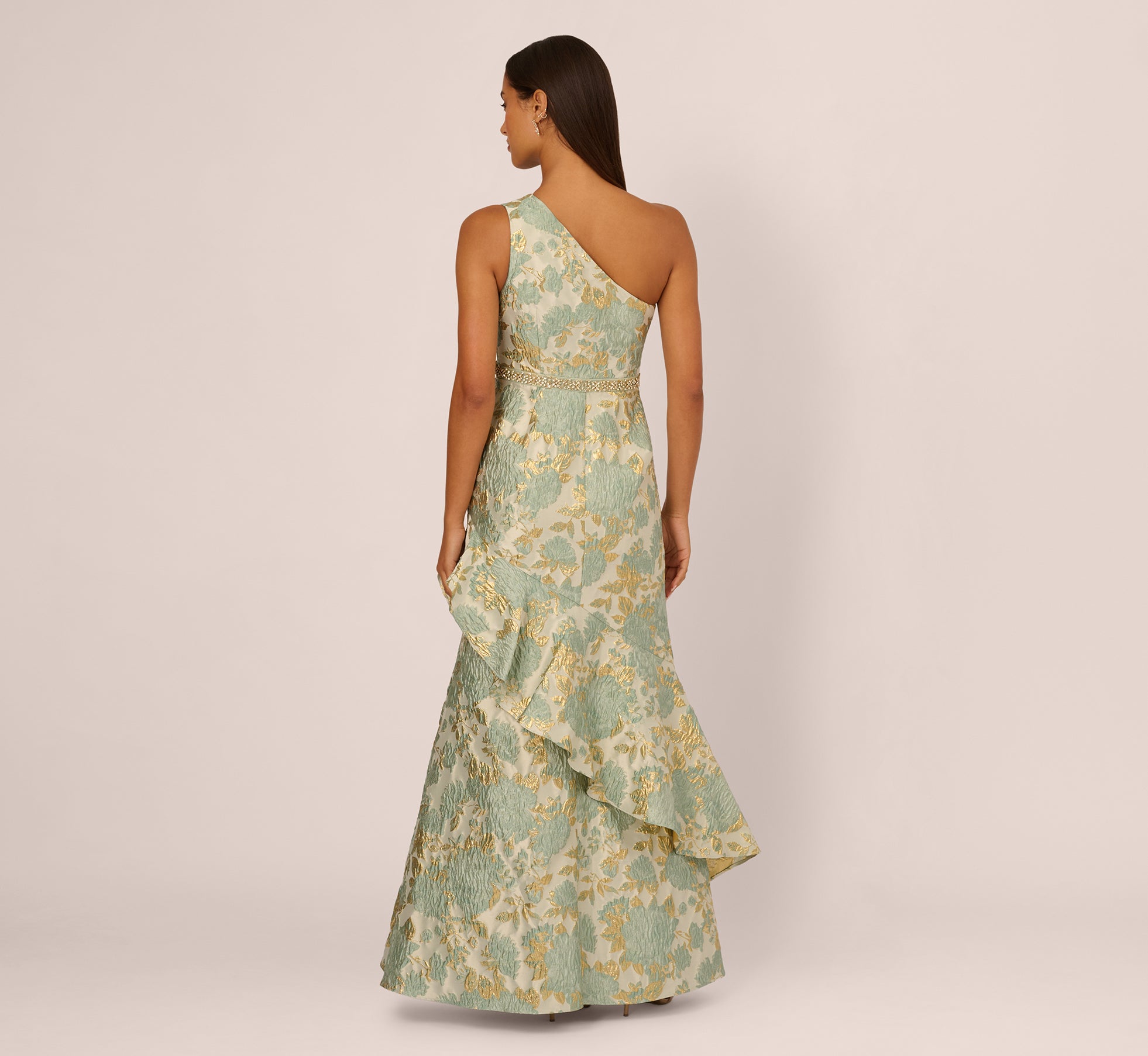Green One Shoulder Beaded Metallic Floral Gown
