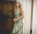 One Shoulder Beaded Metallic Floral Gown In Sage Multi 1