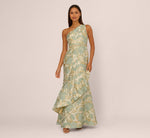 One Shoulder Beaded Metallic Floral Gown In Sage Multi 3