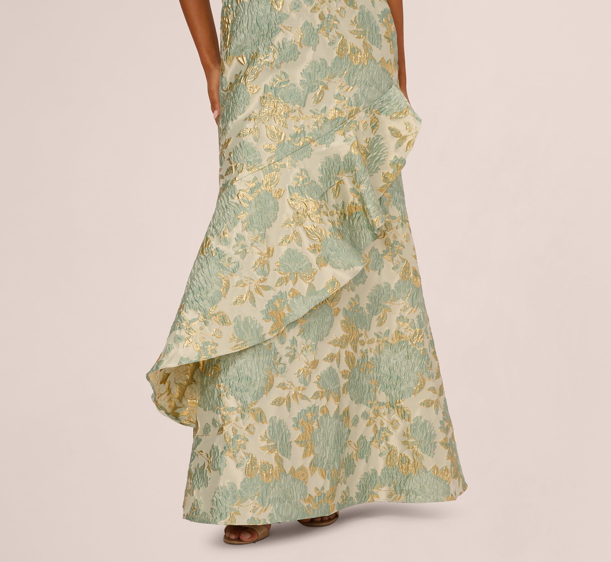 adrianna papell foil asymmetric maxi dress sage gold Adrianna Papell Foiled Mermaid Gown With Halter Neckline main image 1