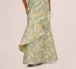 One Shoulder Beaded Metallic Floral Gown In Sage Multi 4