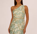 One Shoulder Beaded Metallic Floral Gown In Sage Multi 5