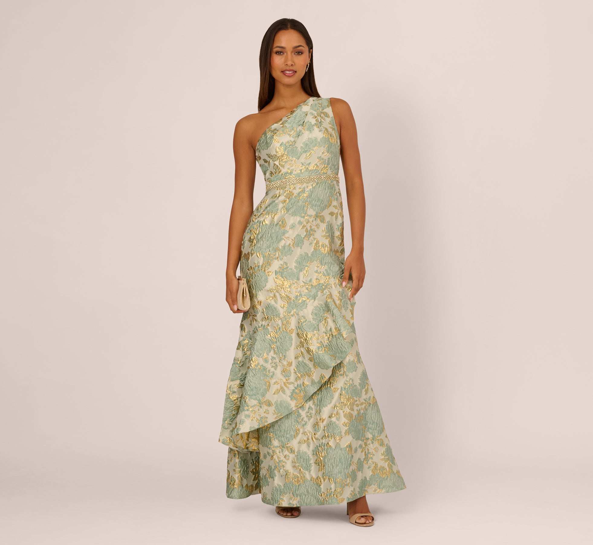 Green One Shoulder Beaded Metallic Floral Gown - Adrianna Papell Green One Shoulder Beaded Metallic Floral Gown - Adrianna Papell