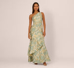 One Shoulder Beaded Metallic Floral Gown In Sage Multi 2