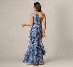 Petite One Shoulder Beaded Metallic Floral Gown In Navy Blue Multi 5