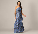 Petite One Shoulder Beaded Metallic Floral Gown In Navy Blue Multi 2