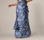 Petite One Shoulder Beaded Metallic Floral Gown In Navy Blue Multi 3