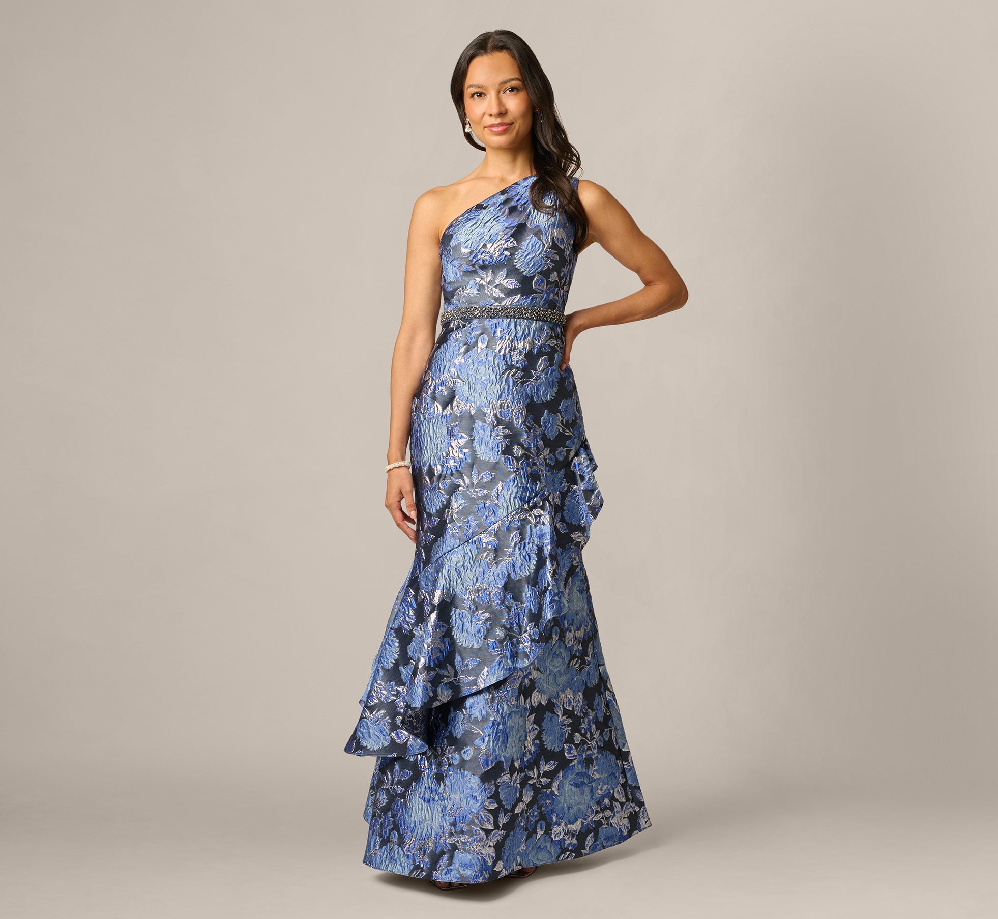 Petite One Shoulder Beaded Metallic Floral Gown In Navy Blue Multi 1
