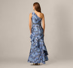 One Shoulder Beaded Metallic Floral Gown In Navy Blue Multi 5