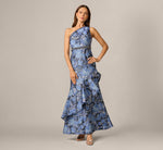 One Shoulder Beaded Metallic Floral Gown In Navy Blue Multi 2