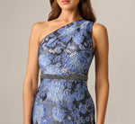 One Shoulder Beaded Metallic Floral Gown In Navy Blue Multi 3