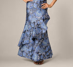 One Shoulder Beaded Metallic Floral Gown In Navy Blue Multi 4