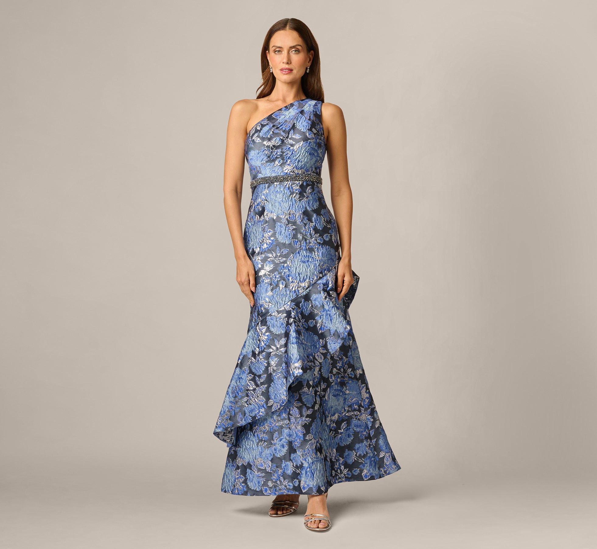 One Shoulder Beaded Metallic Floral Gown In Navy Blue Multi 1