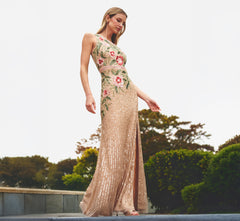 Adrianna Papell One-Shoulder Floral Sequin Beaded Gown - Nude Multi Adrianna Papell One-Shoulder Floral Sequin Beaded Gown - Nude Multi