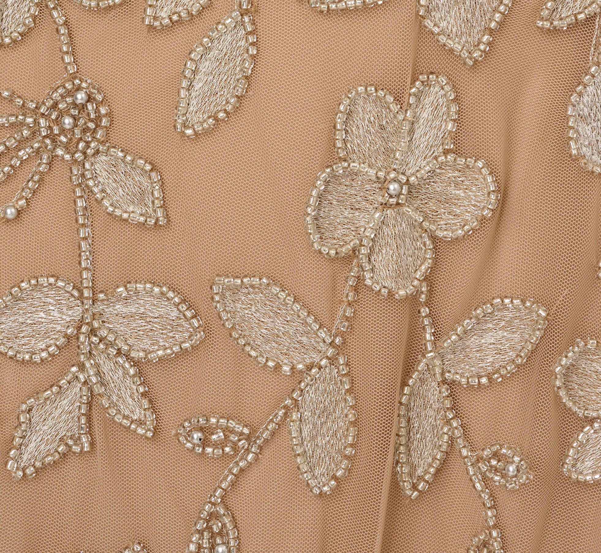 Beige Strapless Floral Beaded Embroidery Gown