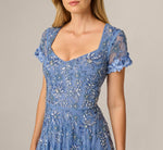 Short Sleeve 3D Floral Beaded Envelope Back Gown In French Blue 3