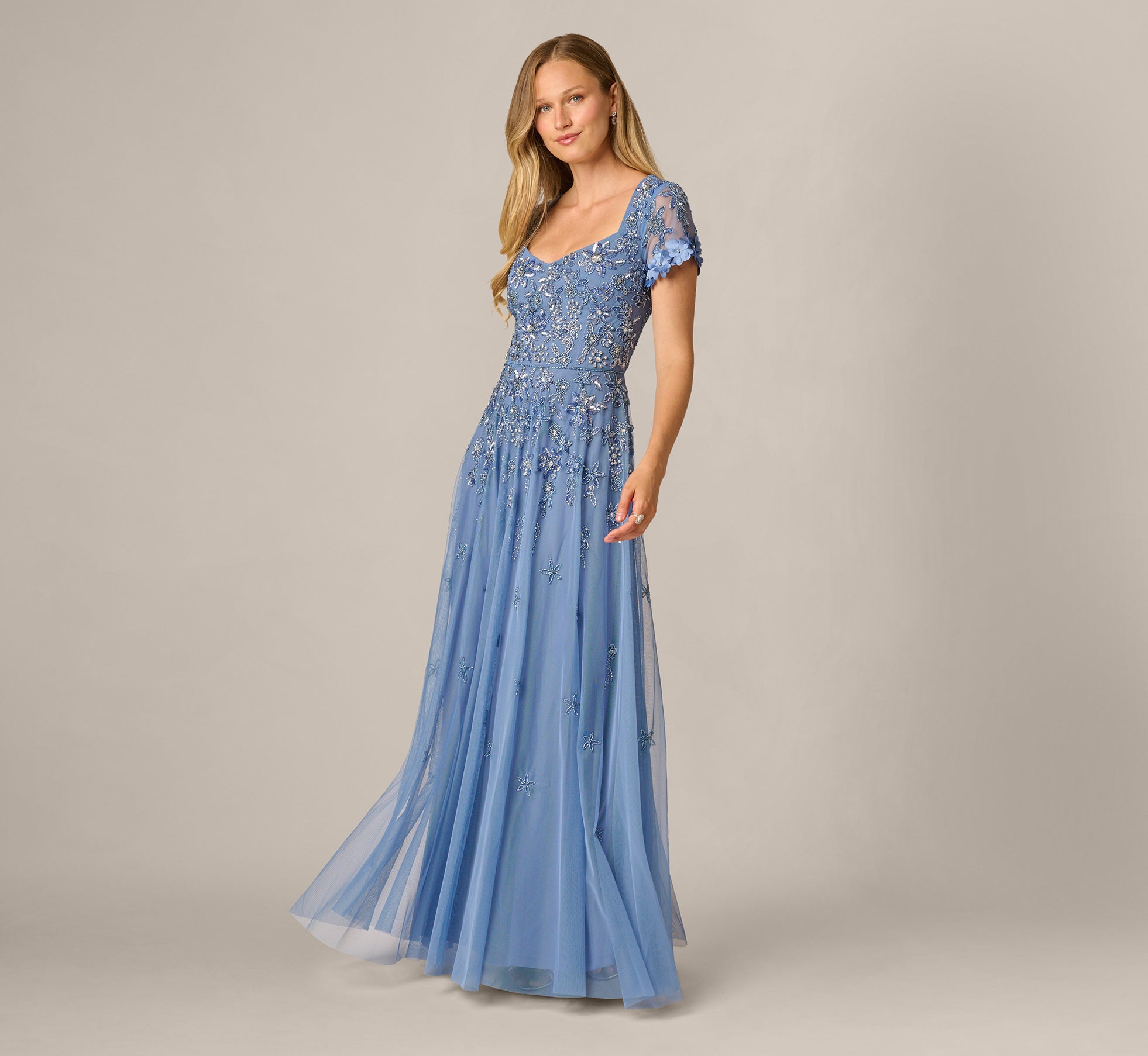Short Sleeve 3D Floral Beaded Envelope Back Gown In French Blue 1