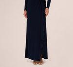 Long Sleeve Beaded Draped Gown In Midnight 4