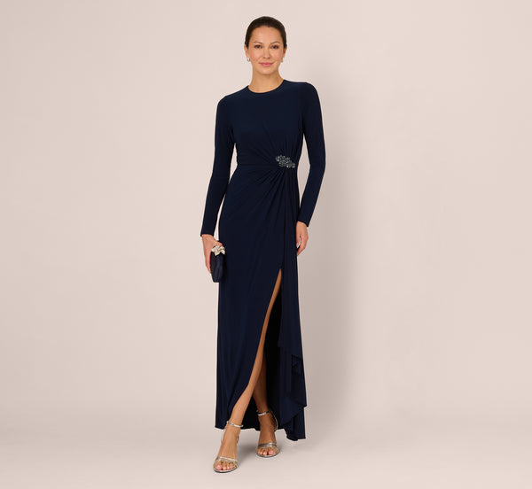 adrianna papell maxi dresses Long Sleeve Beaded Draped Gown In Midnight, Midnight / Regular / 6 men's brogue shoes Draped off Color:Dark Bright Blue Elegant White and Blue
