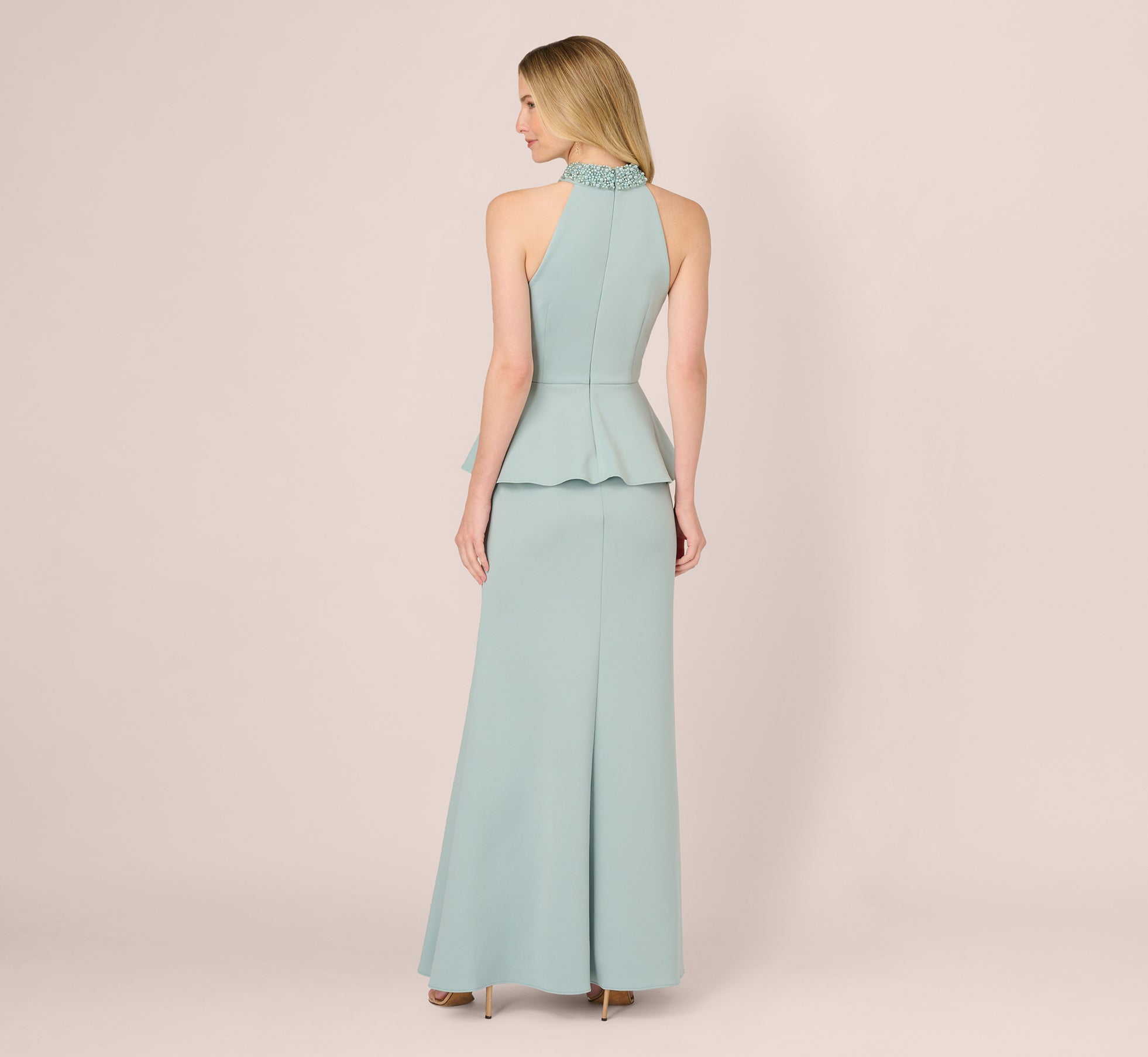 Sleeveless Pearly Halter Peplum Gown In Aqua Dust - Adrianna Papell