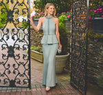 Sleeveless Pearly Halter Peplum Gown In Aqua Dust 1