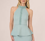 Sleeveless Pearly Halter Peplum Gown In Aqua Dust 4
