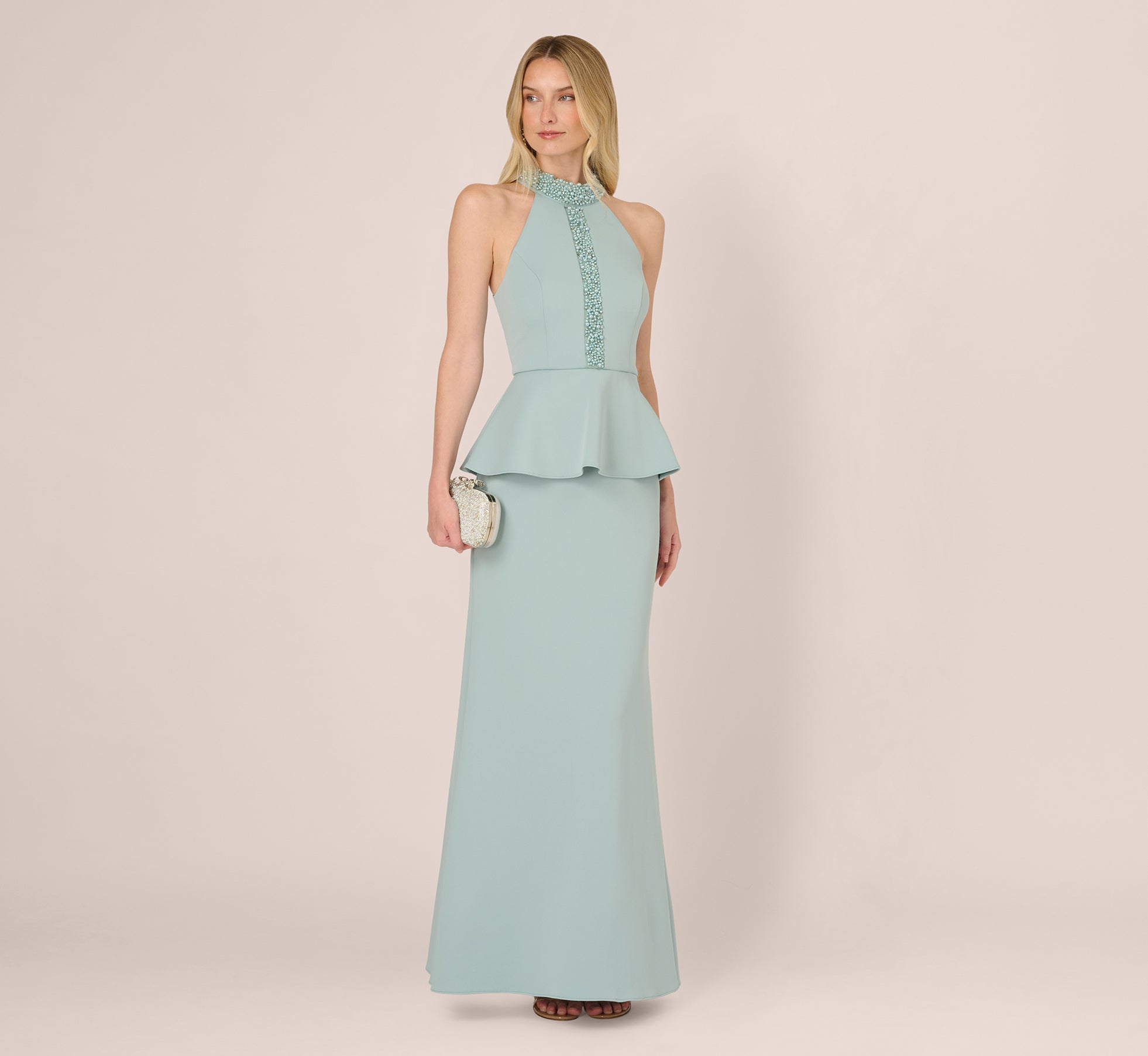 Sleeveless Pearly Halter Peplum Gown In Aqua Dust - Adrianna Papell Sleeveless Pearly Halter Peplum Gown In Aqua Dust - Adrianna Papell