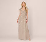 Cap Sleeve Beaded Sequin Floral Gown In Marble 2