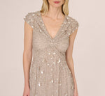 Cap Sleeve Beaded Sequin Floral Gown In Marble 3
