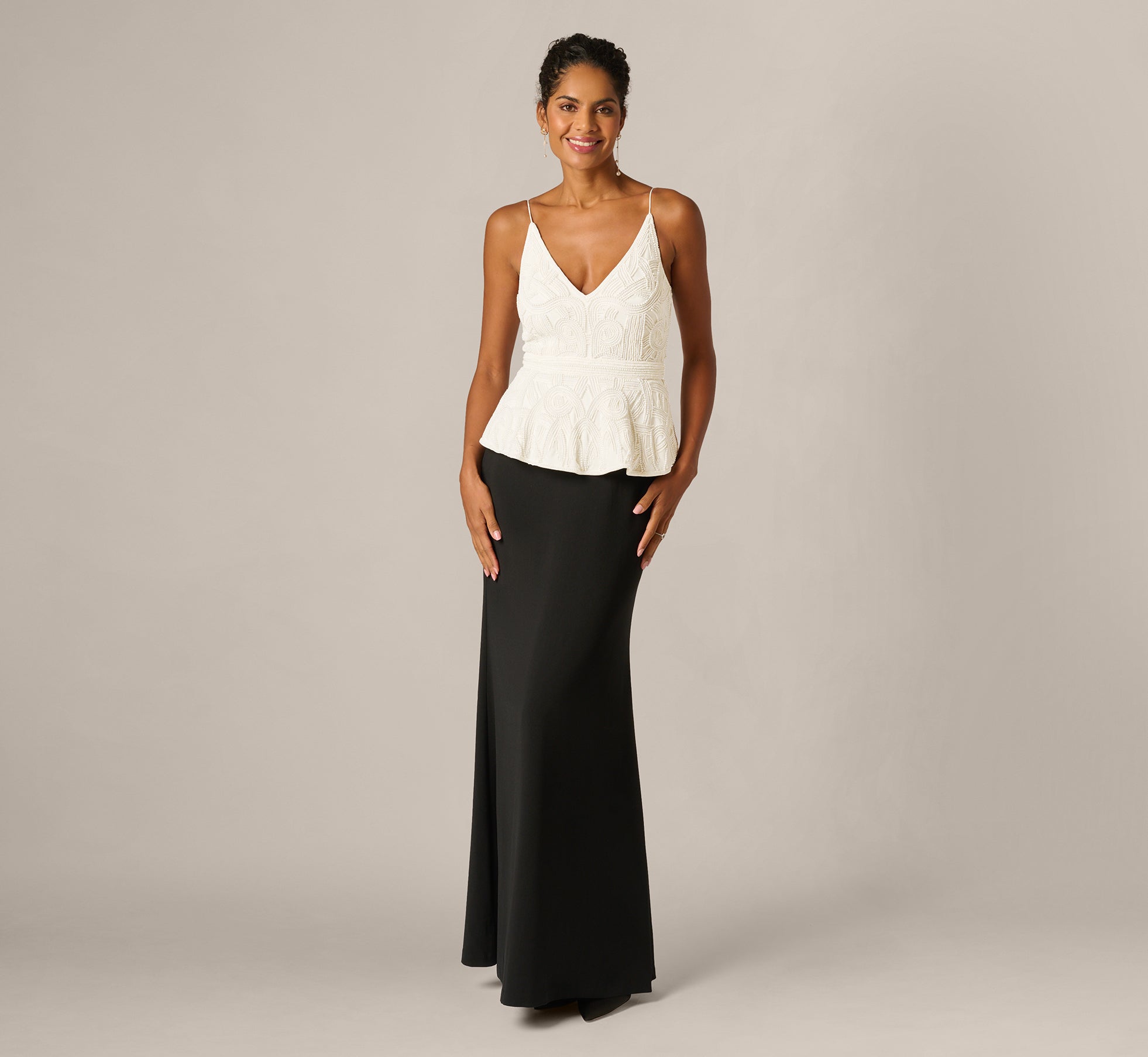 Black Ivory Pearly Beaded Peplum Combo Gown - Adrianna Papell