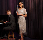 Flutter Sleeve Floral Beaded Fringe Midi Dress In Marble 1