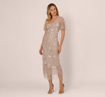 Flutter Sleeve Floral Beaded Fringe Midi Dress In Marble 3