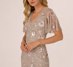 Flutter Sleeve Floral Beaded Fringe Midi Dress In Marble 4